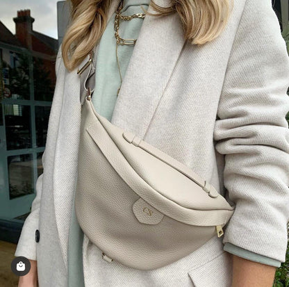 Personalized Genuine Leather Crossbody Bum Bag, Custom Monogram Fanny Pack in Stone or Black, Versatile Leather Belt Bag for Women