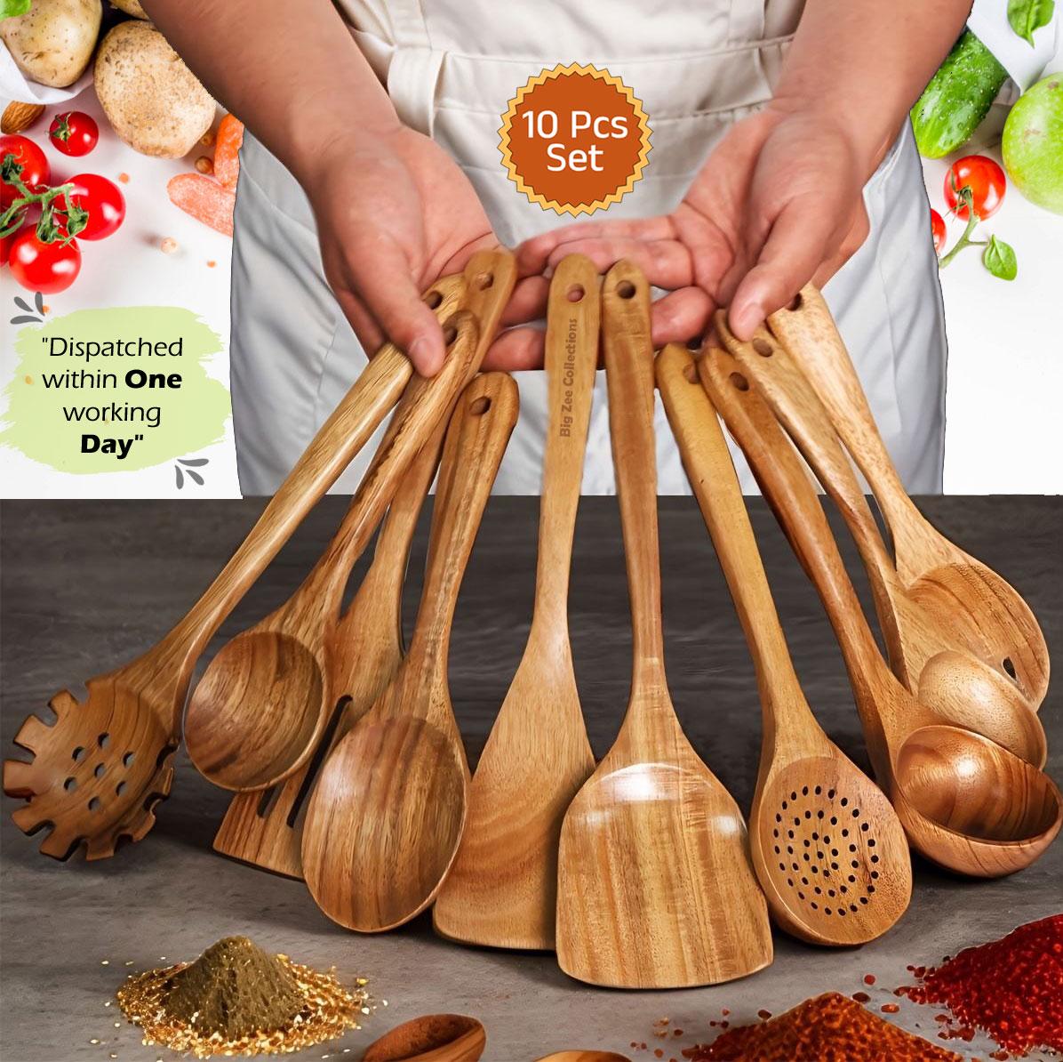Handmade Wooden Kitchen Utensil Set, 10-Piece Wood Spatulas and Spoons for Cooking, Baking and Serving
