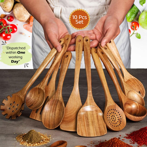 Handmade Wooden Kitchen Utensil Set, 10-Piece Wood Spatulas and Spoons for Cooking, Baking and Serving