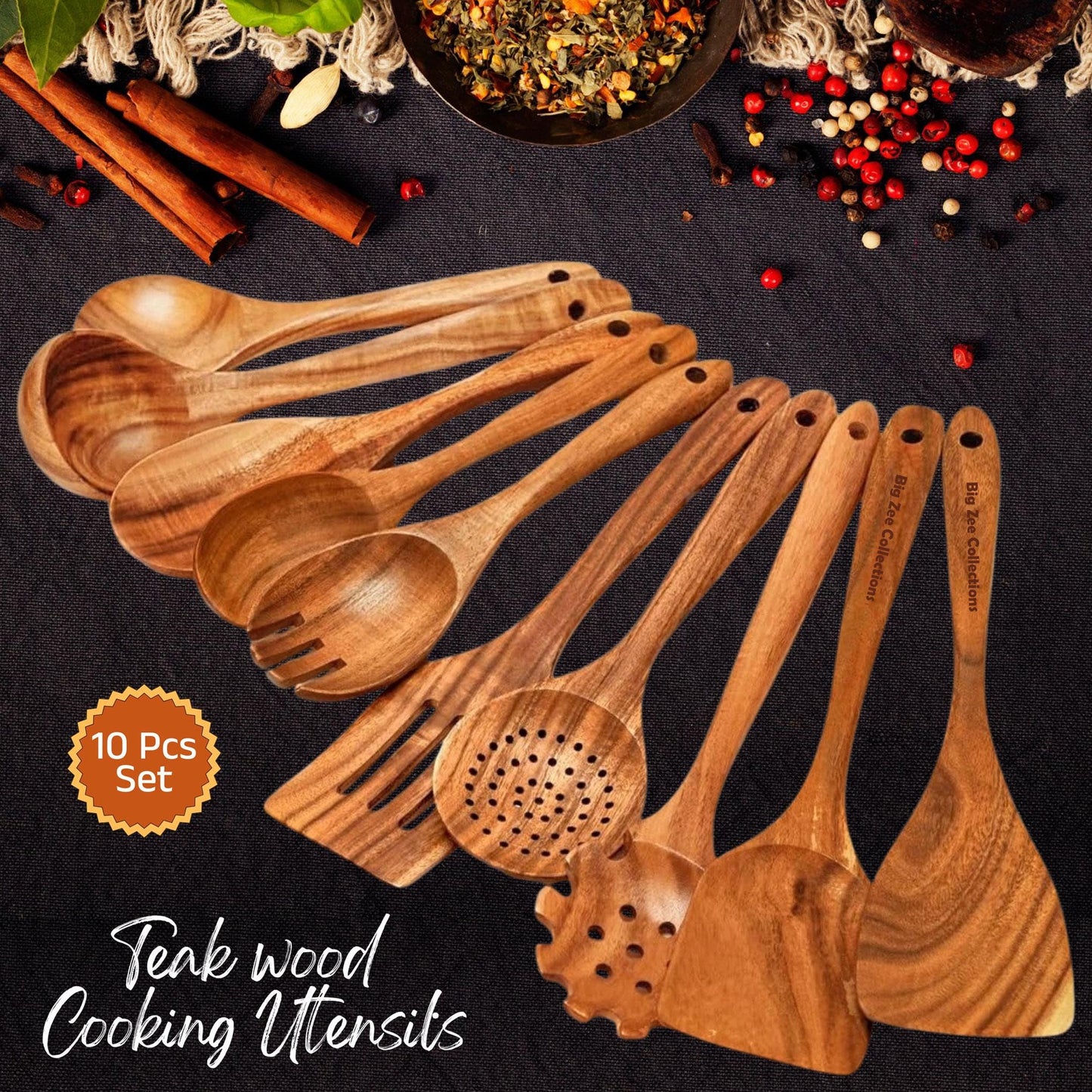 Handmade Wooden Kitchen Utensil Set, 10-Piece Wood Spatulas and Spoons for Cooking, Baking and Serving