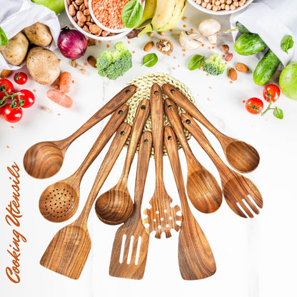Handmade Wooden Kitchen Utensil Set, 10-Piece Wood Spatulas and Spoons for Cooking, Baking and Serving