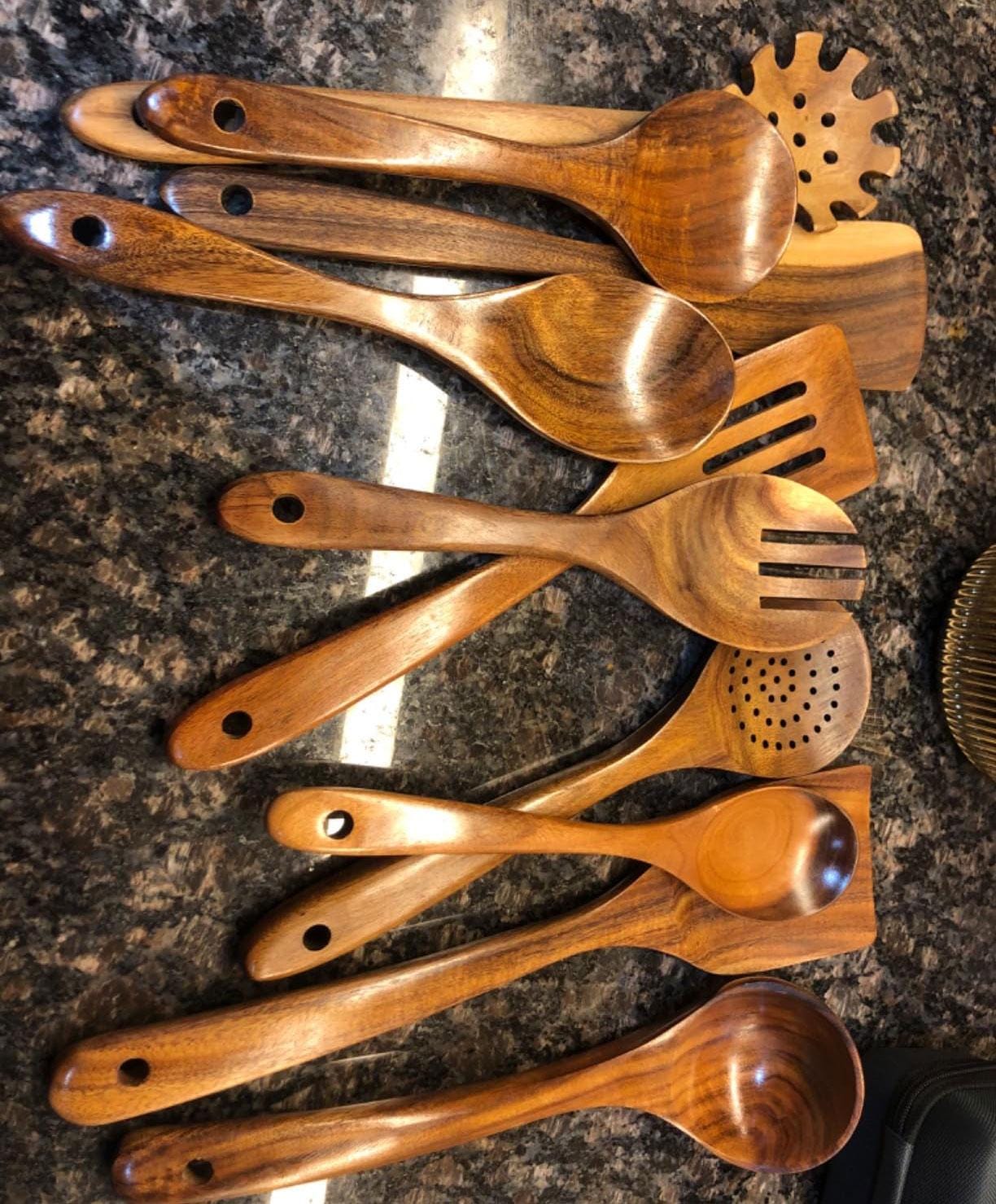 Handmade Wooden Kitchen Utensil Set, 10-Piece Wood Spatulas and Spoons for Cooking, Baking and Serving