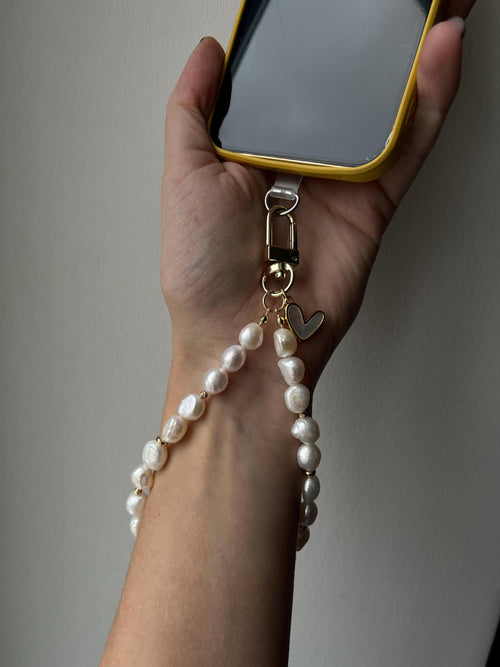Luxurious Natural Baroque Pearl Phone Strap, Sparkling Crystal Wristlet with Parisian Chic Aesthetic, Elegant Gift for Her, Handmade Tech Accessory