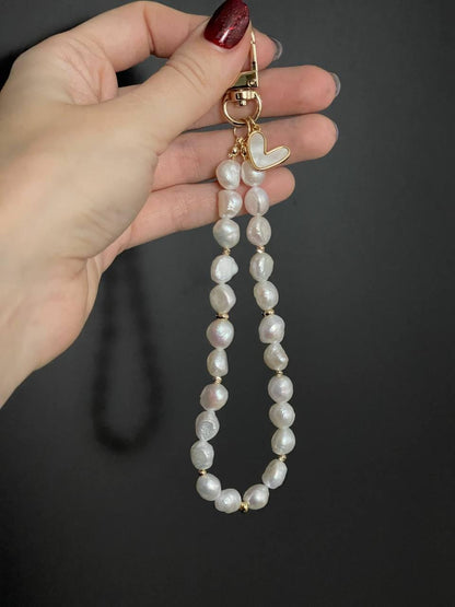 Luxurious Natural Baroque Pearl Phone Strap, Sparkling Crystal Wristlet with Parisian Chic Aesthetic, Elegant Gift for Her, Handmade Tech Accessory