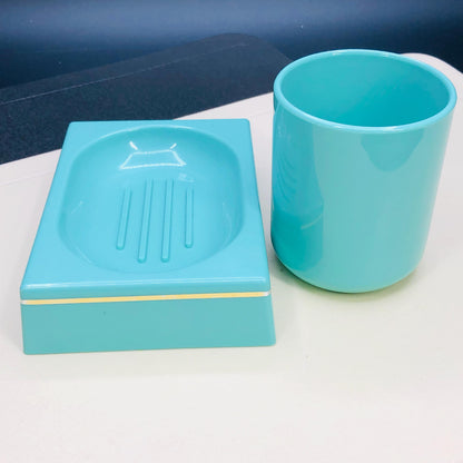 Authentic 1980s Turquoise Bathroom Set, Retro Mod Plastic Soap Dish & Cup, Kitsch 80s Pastel Bath Decor, Rare Collectible Piece