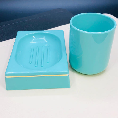 Authentic 1980s Turquoise Bathroom Set, Retro Mod Plastic Soap Dish & Cup, Kitsch 80s Pastel Bath Decor, Rare Collectible Piece