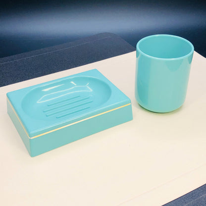 Authentic 1980s Turquoise Bathroom Set, Retro Mod Plastic Soap Dish & Cup, Kitsch 80s Pastel Bath Decor, Rare Collectible Piece