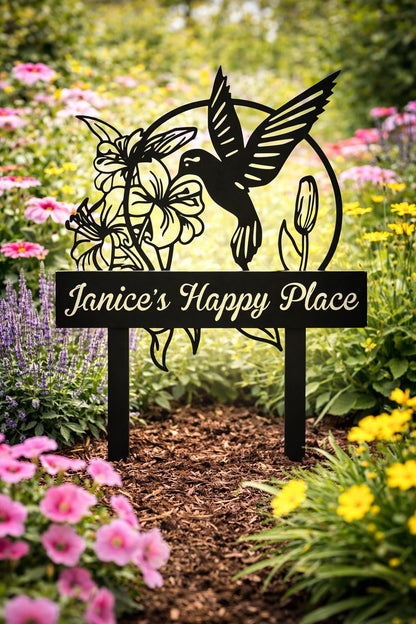 Custom Hummingbird Metal Garden Stake, Personalized Flower Design Family Name Sign, Laser-Cut Steel Outdoor Yard Decor