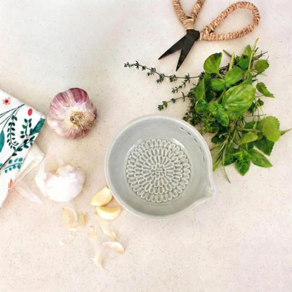 Ceramic Garlic Grater Bowl with Built-in Herb Stripper, Small Dipping Dish for Ginger and Herbs