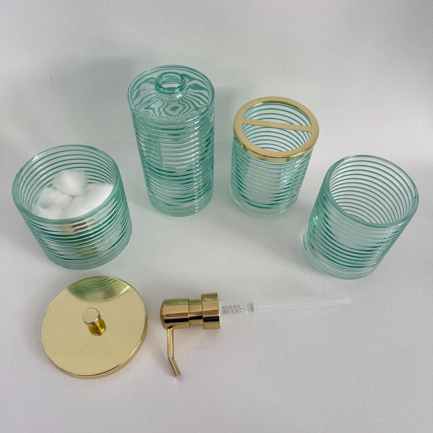 Turquoise Green Glass Bathroom Accessories Set - 4 Piece Seafoam Ribbed Glass Bath Decor, Includes Soap Dispenser & Toothbrush Holder, Coastal Style Vanity Set