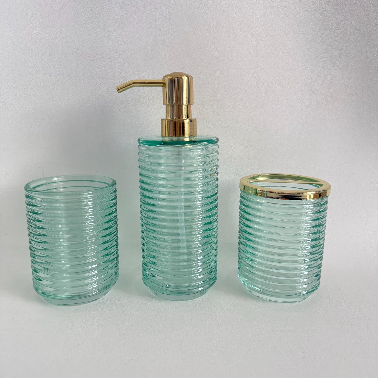 Turquoise Green Glass Bathroom Accessories Set - 4 Piece Seafoam Ribbed Glass Bath Decor, Includes Soap Dispenser & Toothbrush Holder, Coastal Style Vanity Set