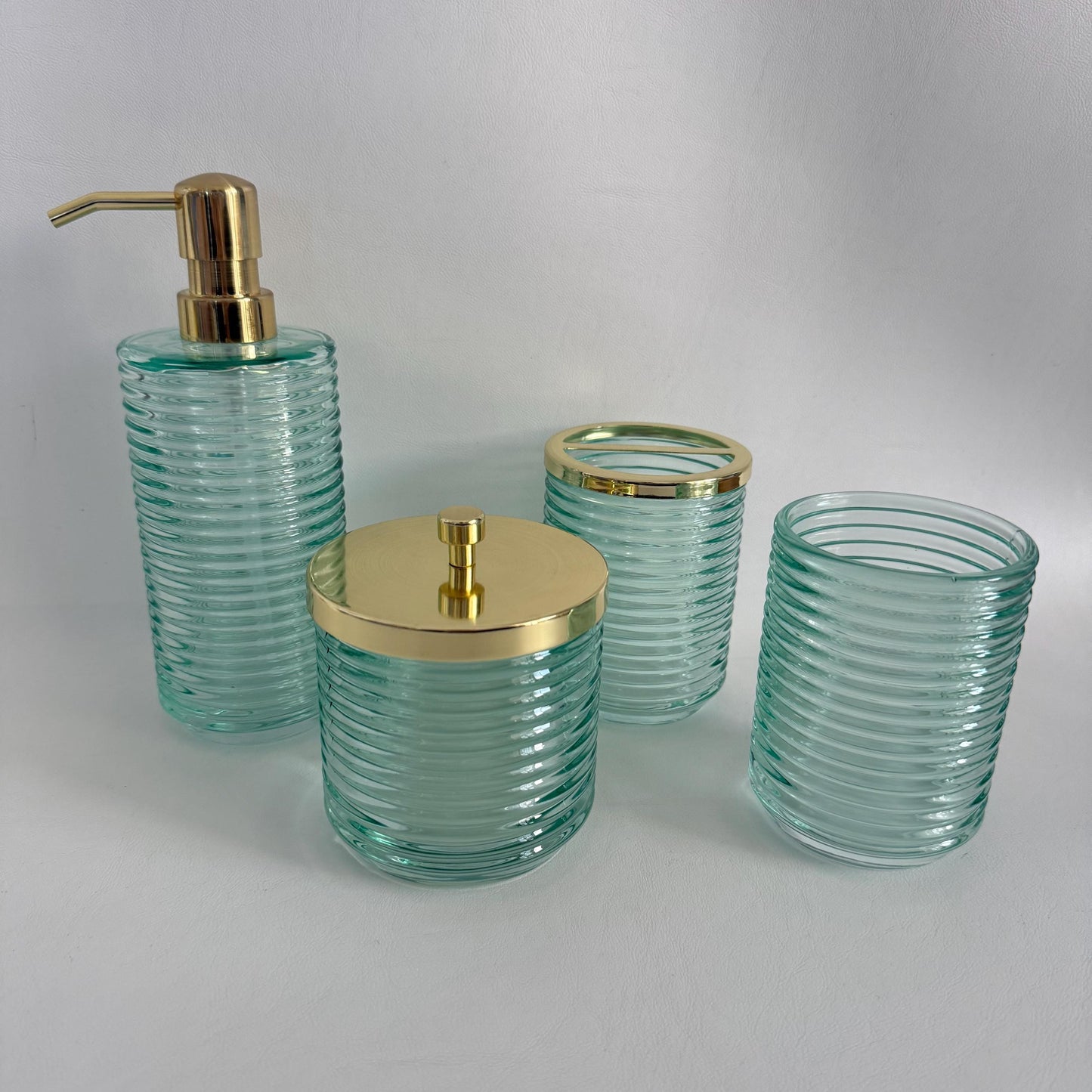 Turquoise Green Glass Bathroom Accessories Set - 4 Piece Seafoam Ribbed Glass Bath Decor, Includes Soap Dispenser & Toothbrush Holder, Coastal Style Vanity Set