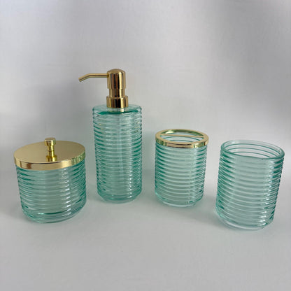 Turquoise Green Glass Bathroom Accessories Set - 4 Piece Seafoam Ribbed Glass Bath Decor, Includes Soap Dispenser & Toothbrush Holder, Coastal Style Vanity Set