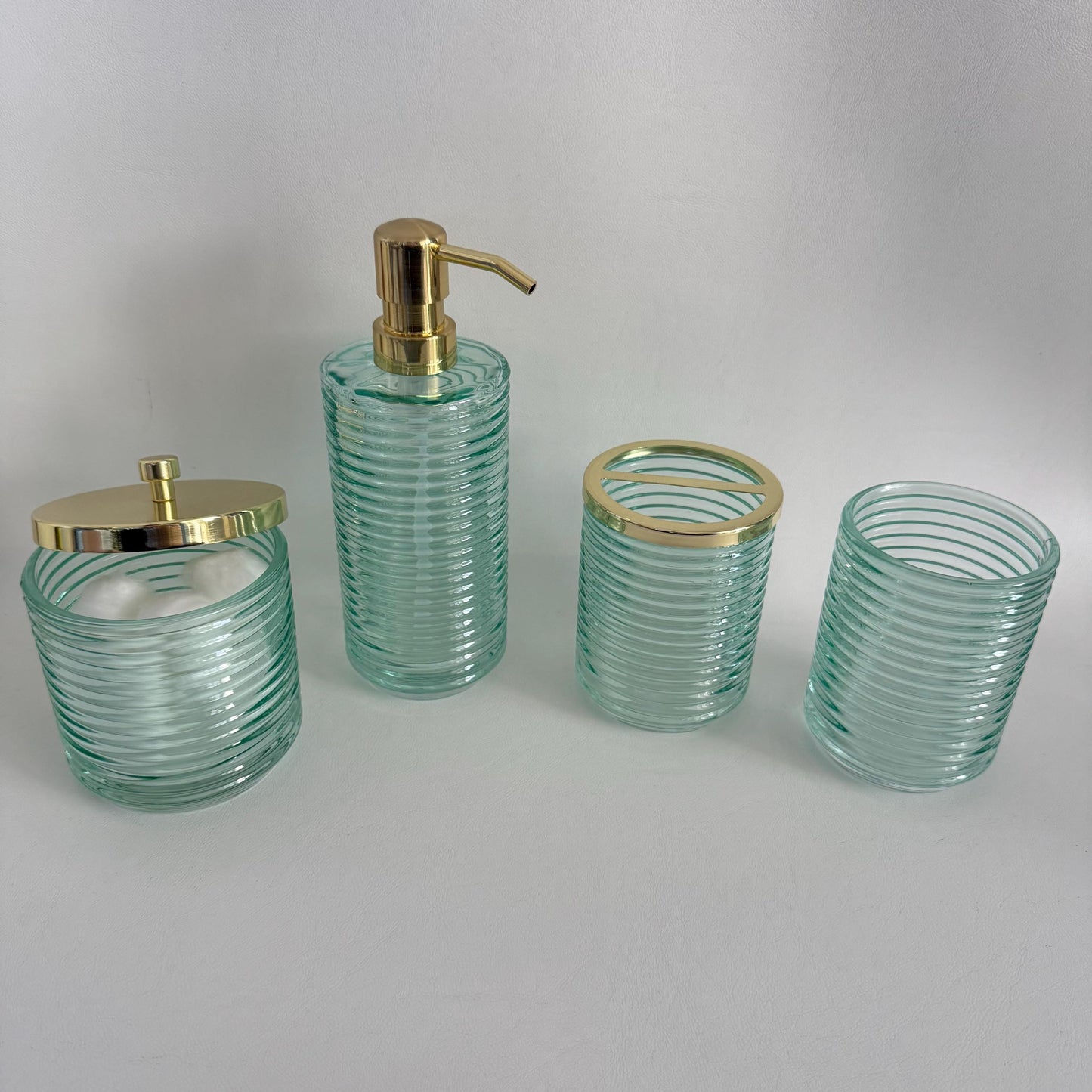 Turquoise Green Glass Bathroom Accessories Set - 4 Piece Seafoam Ribbed Glass Bath Decor, Includes Soap Dispenser & Toothbrush Holder, Coastal Style Vanity Set