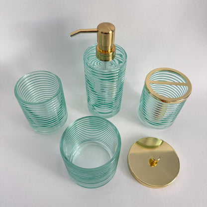 Turquoise Green Glass Bathroom Accessories Set - 4 Piece Seafoam Ribbed Glass Bath Decor, Includes Soap Dispenser & Toothbrush Holder, Coastal Style Vanity Set