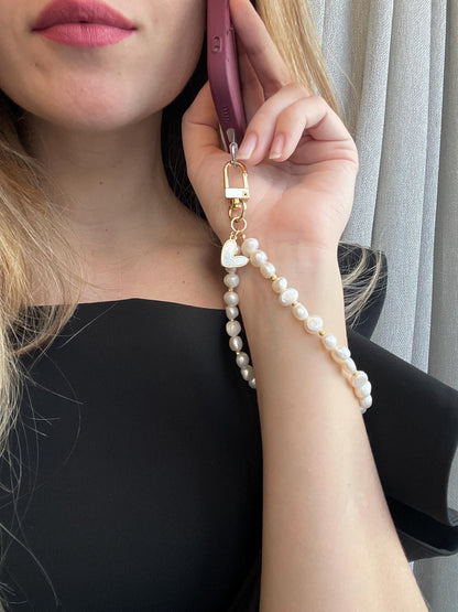 Luxurious Natural Baroque Pearl Phone Strap, Sparkling Crystal Wristlet with Parisian Chic Aesthetic, Elegant Gift for Her, Handmade Tech Accessory