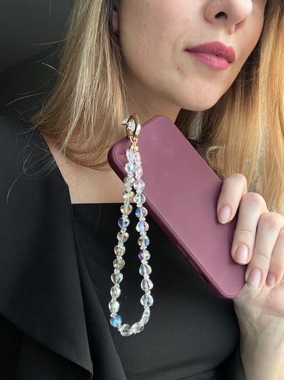 Luxurious Natural Baroque Pearl Phone Strap, Sparkling Crystal Wristlet with Parisian Chic Aesthetic, Elegant Gift for Her, Handmade Tech Accessory