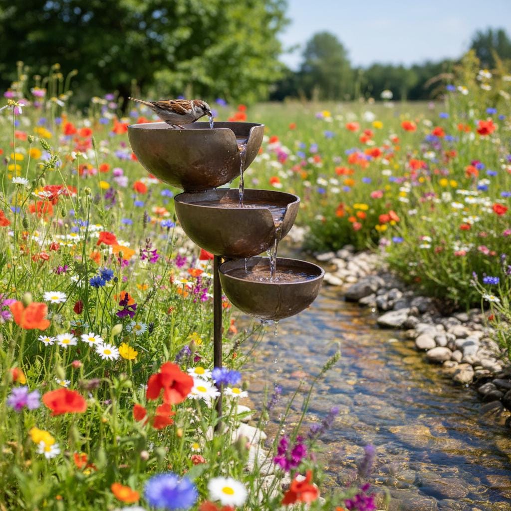 Metal Garden Bird Bath and Rain Catcher, Decorative Outdoor Water Bowl for Birds and Bees, Weather-Resistant Yard Art