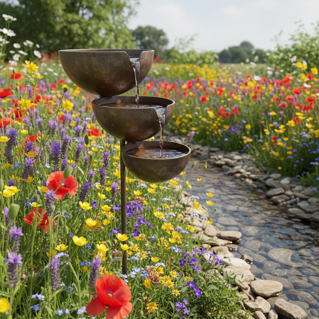 Metal Garden Bird Bath and Rain Catcher, Decorative Outdoor Water Bowl for Birds and Bees, Weather-Resistant Yard Art