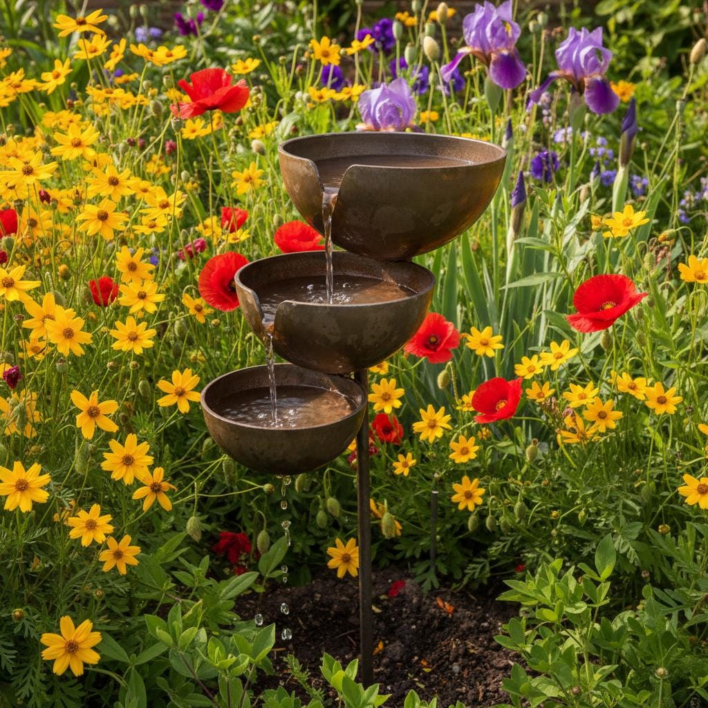Metal Garden Bird Bath and Rain Catcher, Decorative Outdoor Water Bowl for Birds and Bees, Weather-Resistant Yard Art