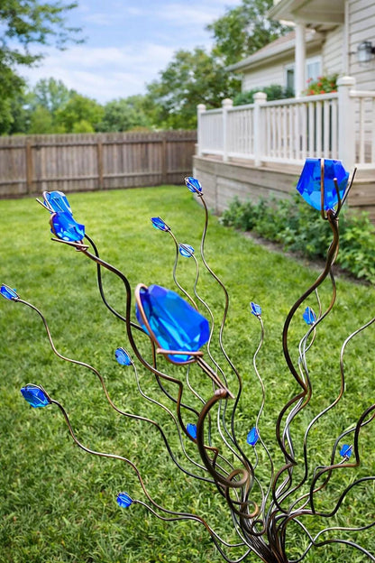 Blue Beaded Tree Garden Stake – Handmade Metal Yard Art Decoration
