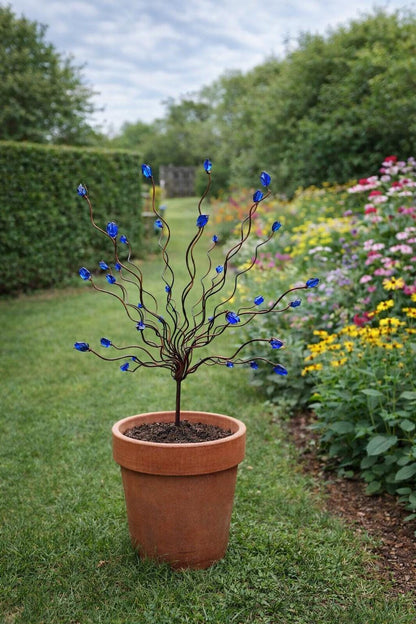 Blue Beaded Tree Garden Stake – Handmade Metal Yard Art Decoration