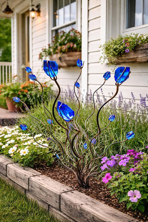 Blue Beaded Tree Garden Stake – Handmade Metal Yard Art Decoration