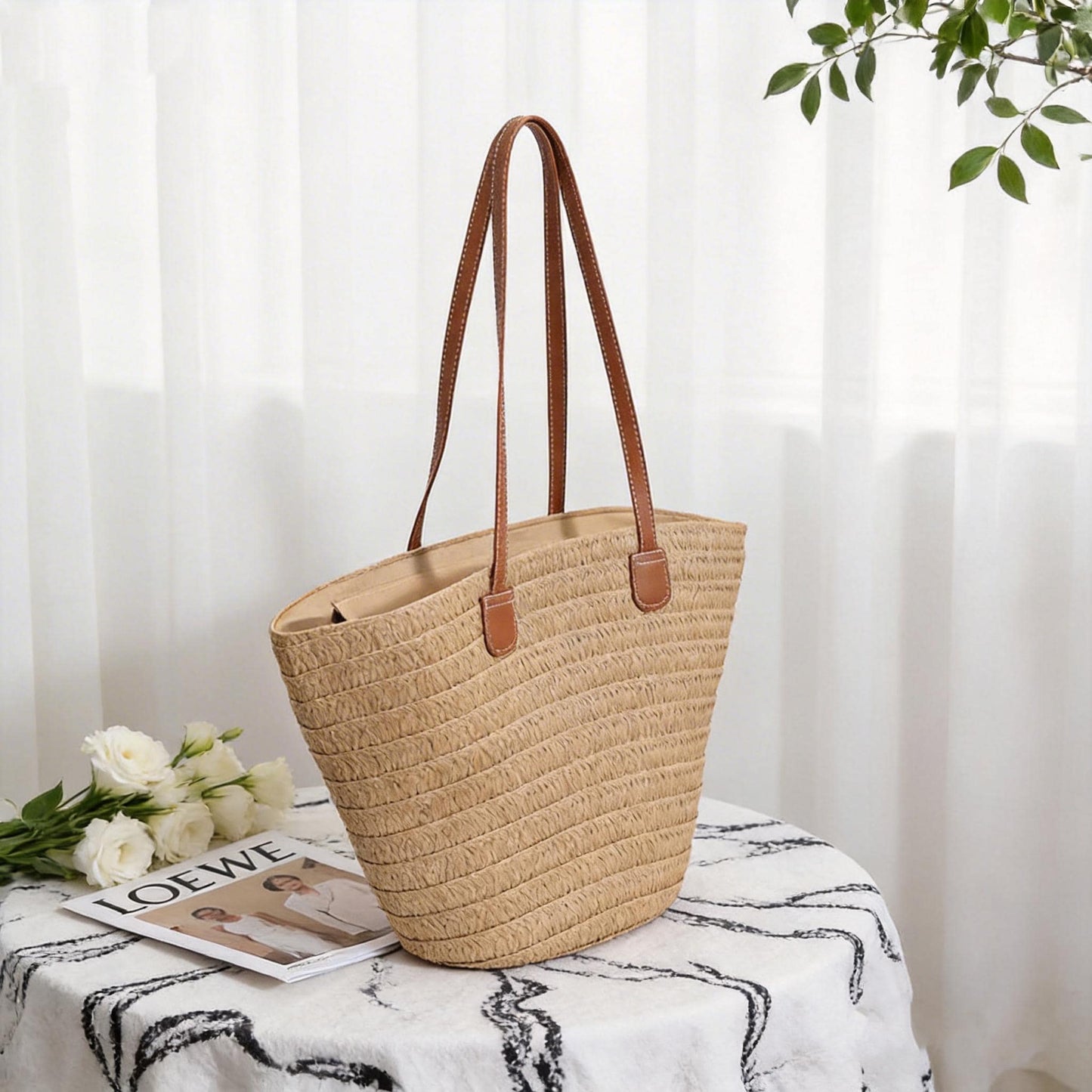 Handmade Raffia Tote Bag with PU Leather Handles, Large Summer Straw Handbag for Women, Woven Beach Purse