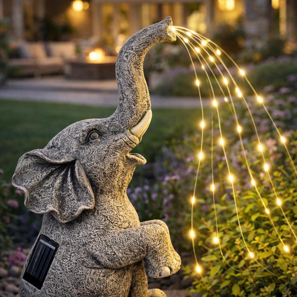 Solar Powered Elephant Garden Statue with LED Lights, Decorative Resin Animal Sculpture for Patio, Yard and Landscape Decor