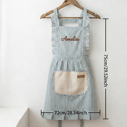 Custom Striped Apron with Pockets, Embroidered Cotton Kitchen Apron for Baking and Cooking