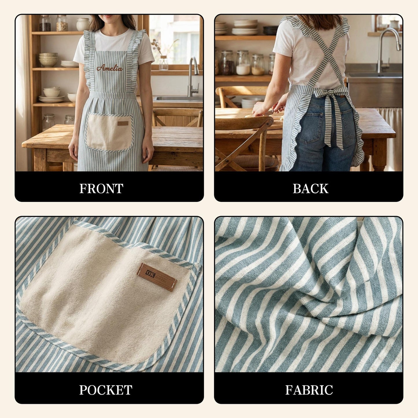 Custom Striped Apron with Pockets, Embroidered Cotton Kitchen Apron for Baking and Cooking