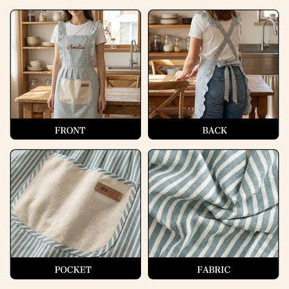 Custom Striped Apron with Pockets, Embroidered Cotton Kitchen Apron for Baking and Cooking