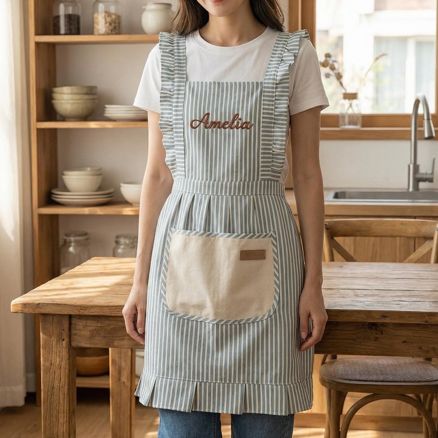 Custom Striped Apron with Pockets, Embroidered Cotton Kitchen Apron for Baking and Cooking