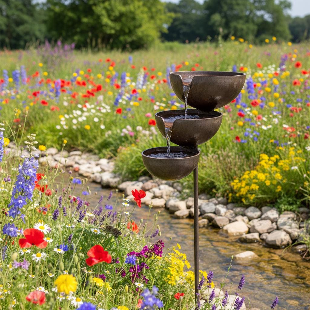 Metal Garden Bird Bath and Rain Catcher, Decorative Outdoor Water Bowl for Birds and Bees, Weather-Resistant Yard Art