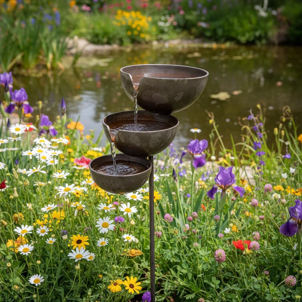 Metal Garden Bird Bath and Rain Catcher, Decorative Outdoor Water Bowl for Birds and Bees, Weather-Resistant Yard Art