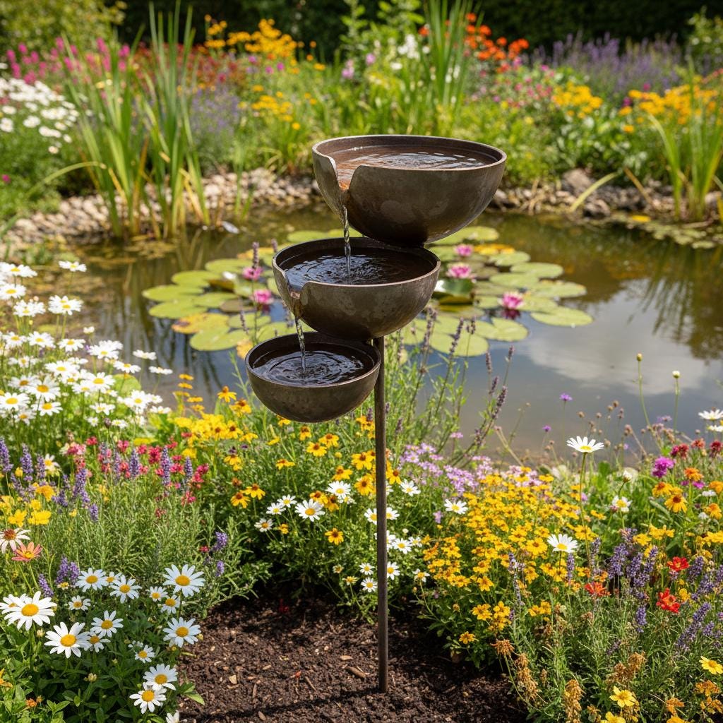 Metal Garden Bird Bath and Rain Catcher, Decorative Outdoor Water Bowl for Birds and Bees, Weather-Resistant Yard Art