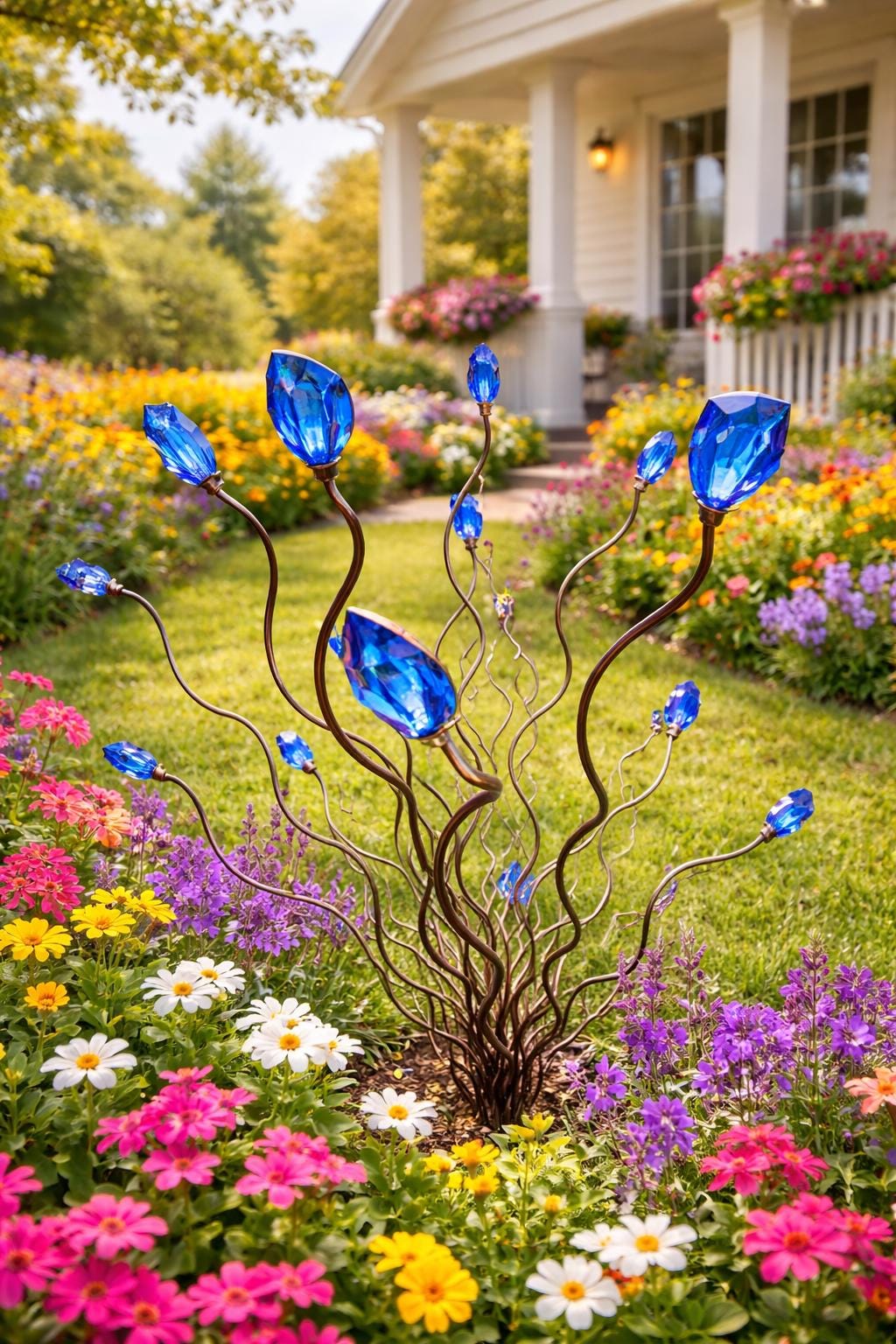 Blue Beaded Tree Garden Stake – Handmade Metal Yard Art Decoration