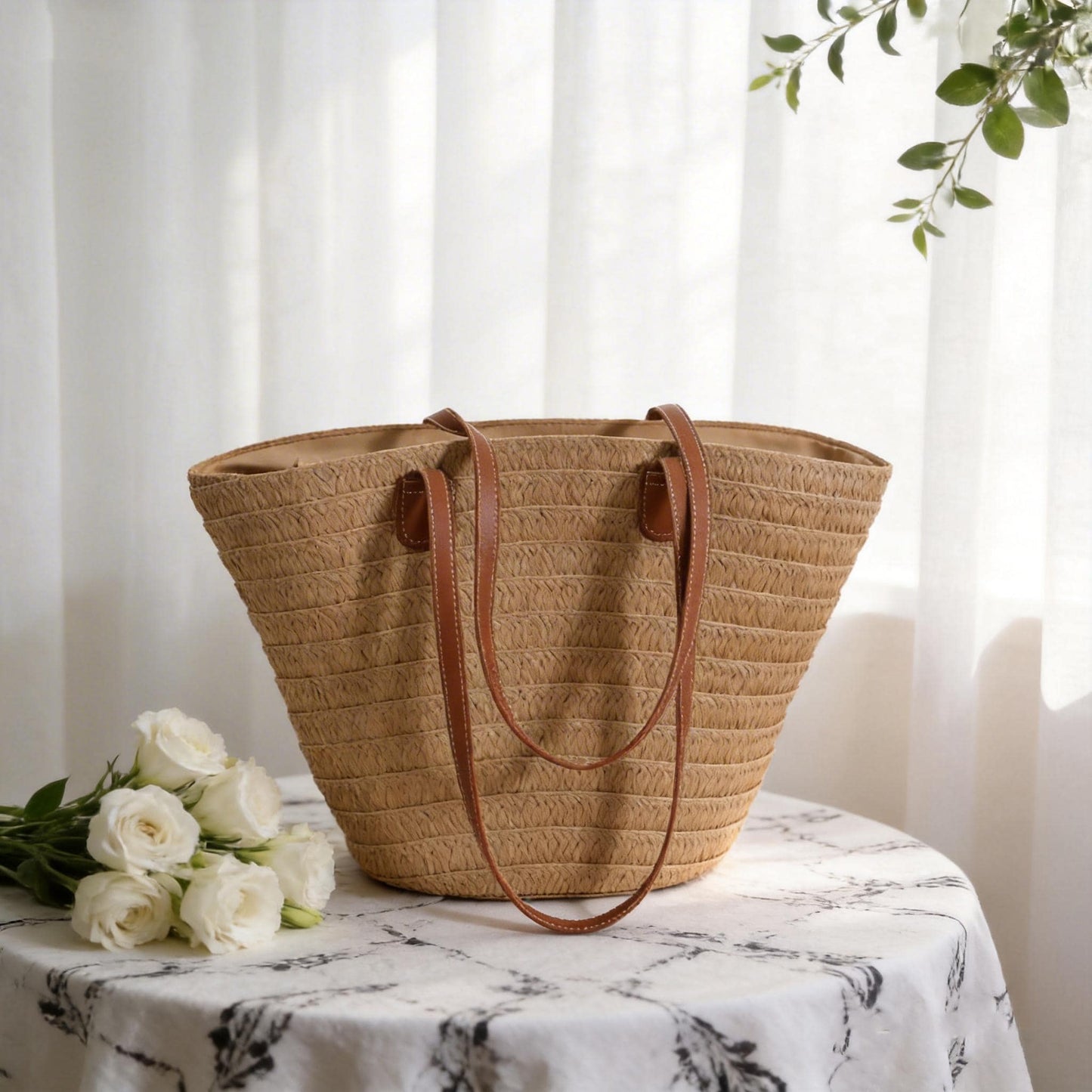 Handmade Raffia Tote Bag with PU Leather Handles, Large Summer Straw Handbag for Women, Woven Beach Purse