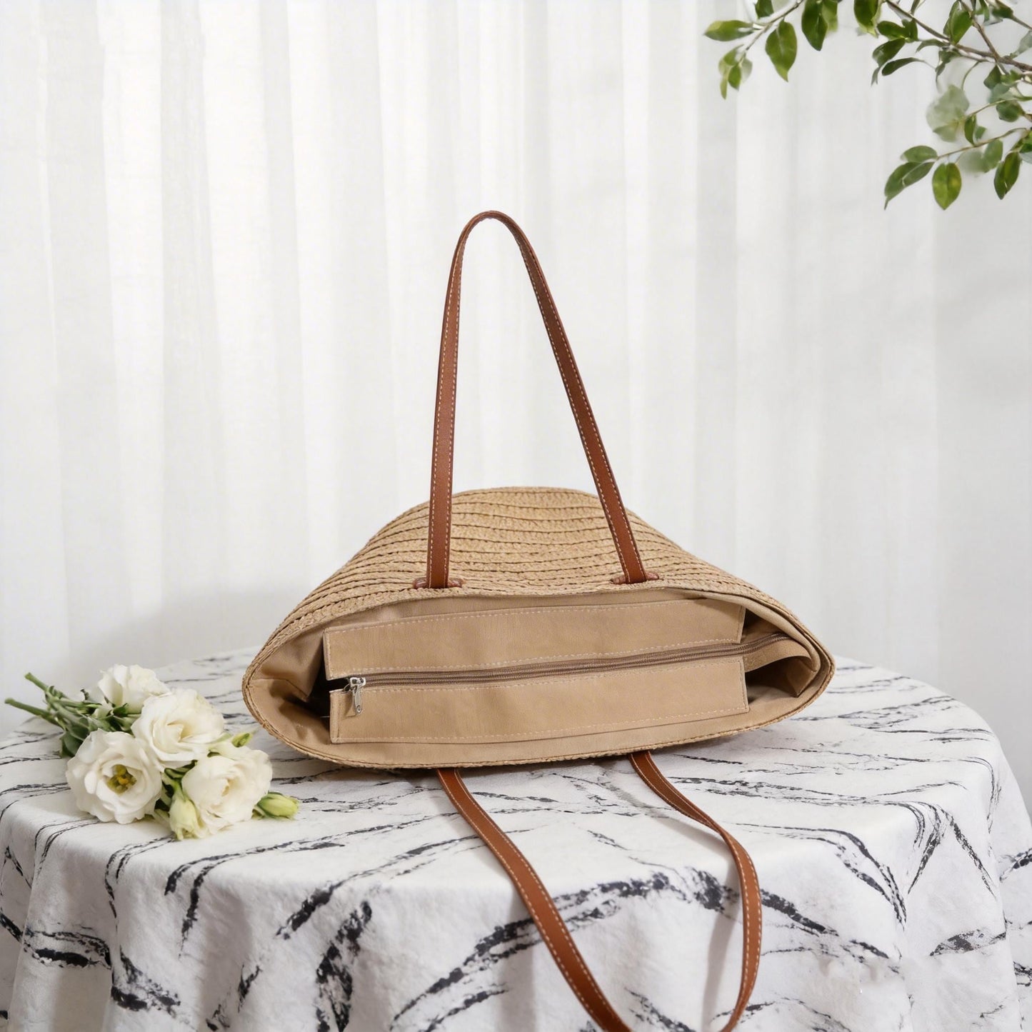 Handmade Raffia Tote Bag with PU Leather Handles, Large Summer Straw Handbag for Women, Woven Beach Purse