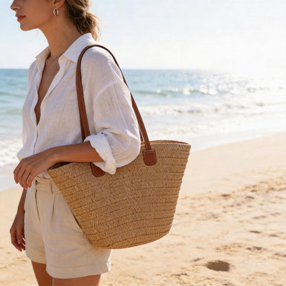 Handmade Raffia Tote Bag with PU Leather Handles, Large Summer Straw Handbag for Women, Woven Beach Purse