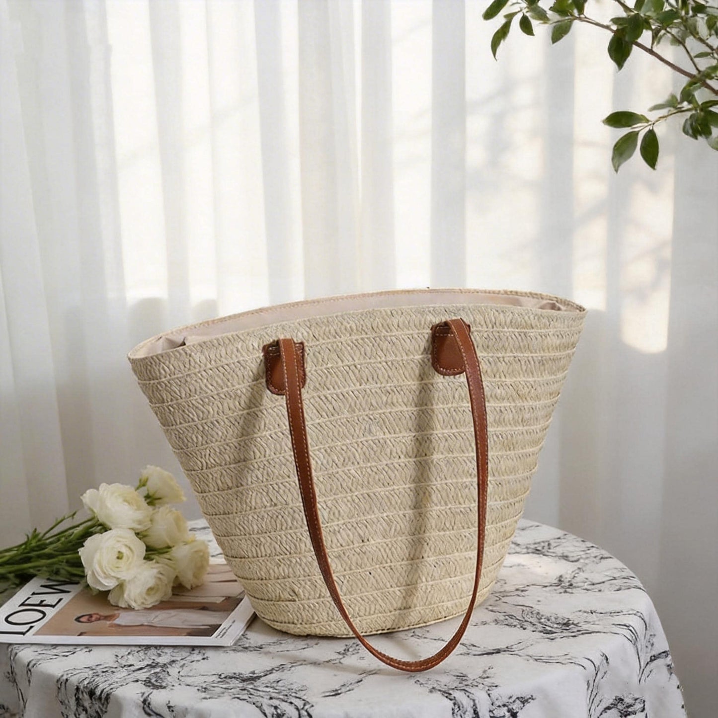 Handmade Raffia Tote Bag with PU Leather Handles, Large Summer Straw Handbag for Women, Woven Beach Purse