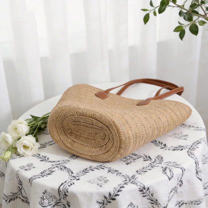 Handmade Raffia Tote Bag with PU Leather Handles, Large Summer Straw Handbag for Women, Woven Beach Purse