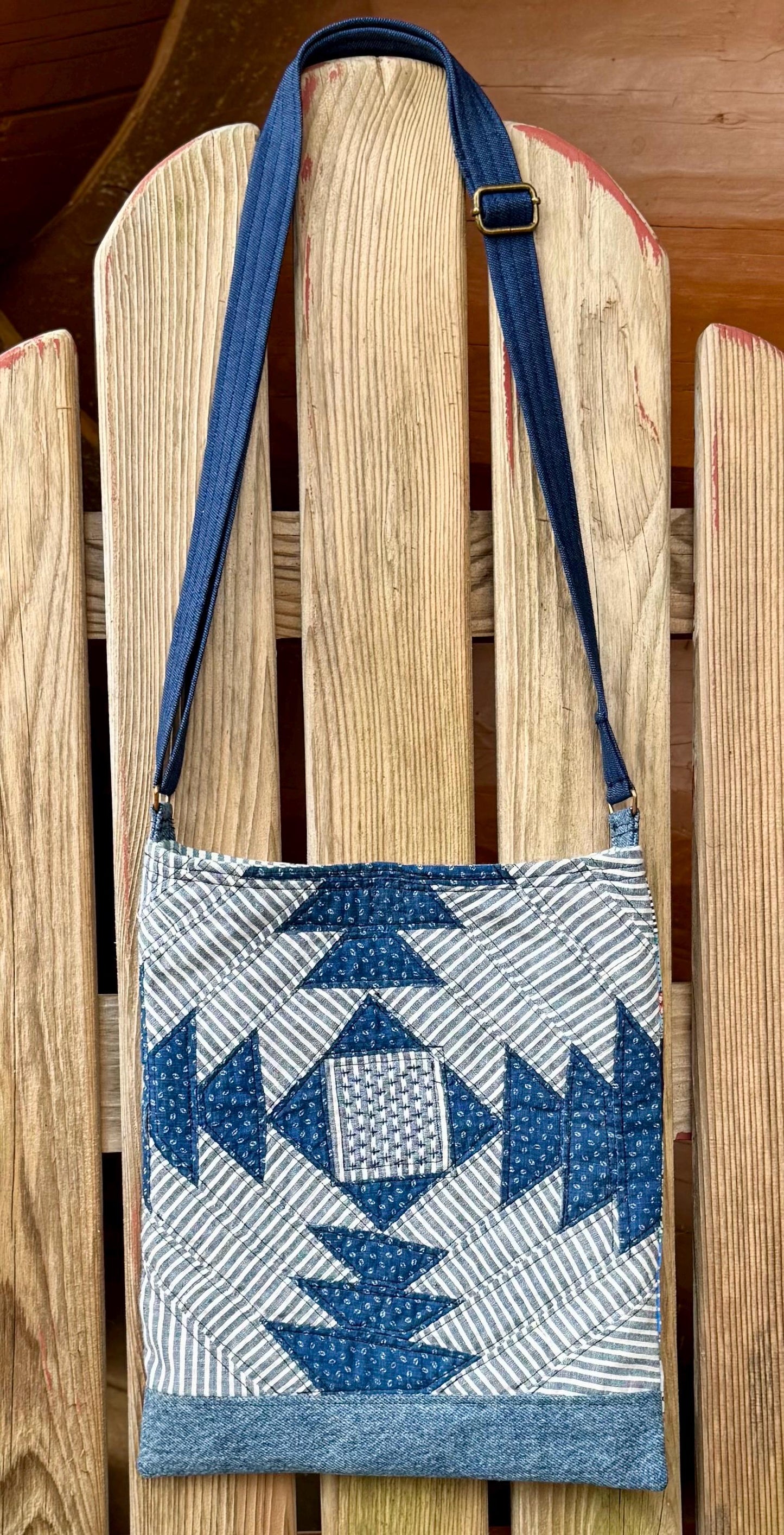 Handmade Quilt Block Crossbody Bag, Repurposed Denim Shoulder Purse with Adjustable Strap, One-of-a-Kind Upcycled Textile Bag