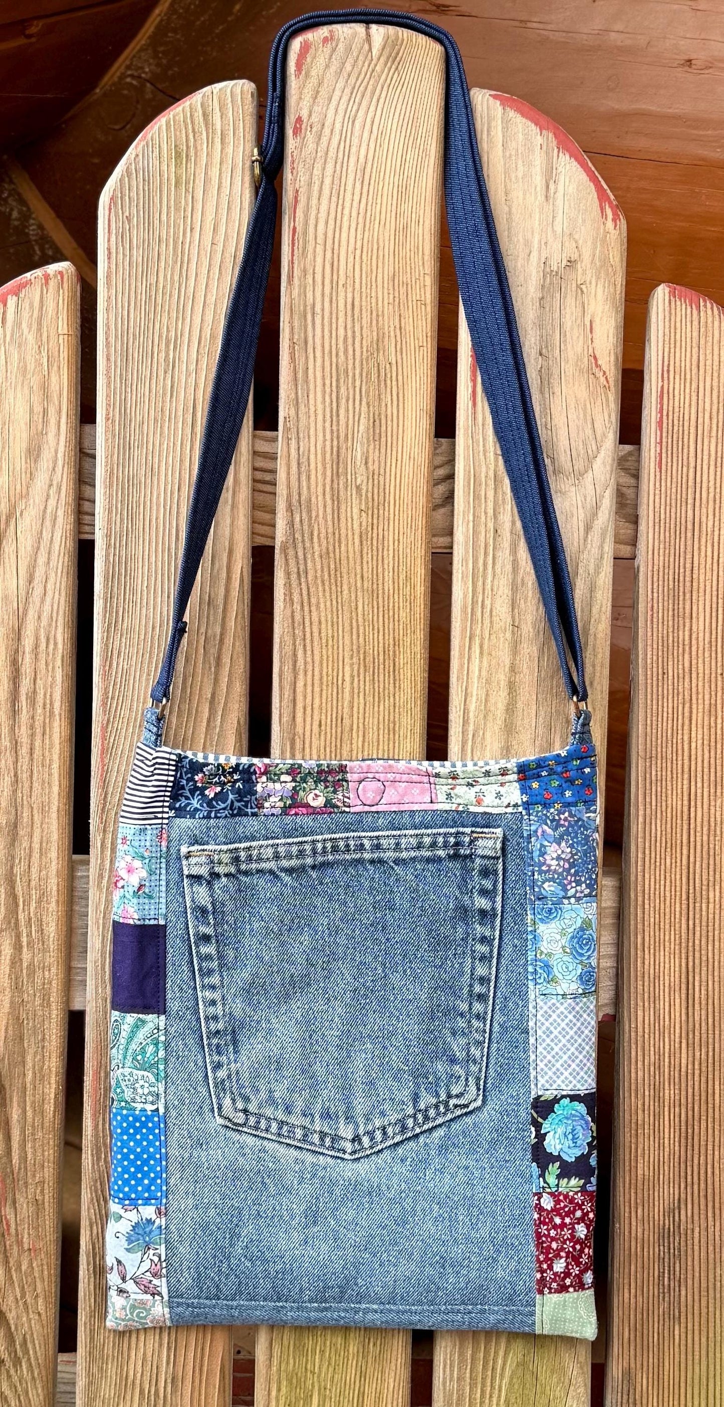 Handmade Quilt Block Crossbody Bag, Repurposed Denim Shoulder Purse with Adjustable Strap, One-of-a-Kind Upcycled Textile Bag