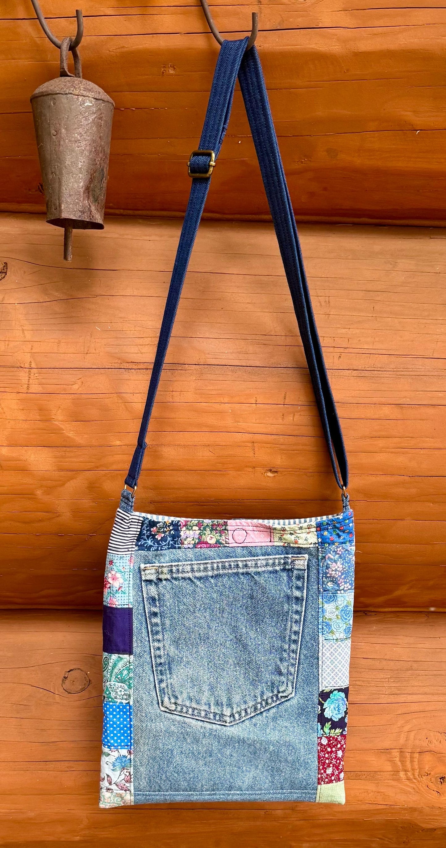 Handmade Quilt Block Crossbody Bag, Repurposed Denim Shoulder Purse with Adjustable Strap, One-of-a-Kind Upcycled Textile Bag