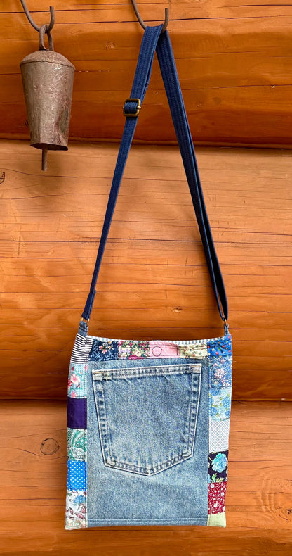 Handmade Quilt Block Crossbody Bag, Repurposed Denim Shoulder Purse with Adjustable Strap, One-of-a-Kind Upcycled Textile Bag