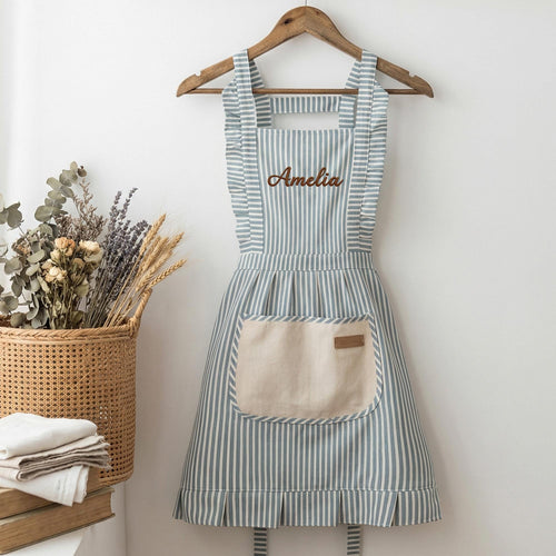 Custom Striped Apron with Pockets, Embroidered Cotton Kitchen Apron for Baking and Cooking