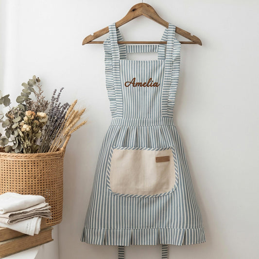 Custom Striped Apron with Pockets, Embroidered Cotton Kitchen Apron for Baking and Cooking