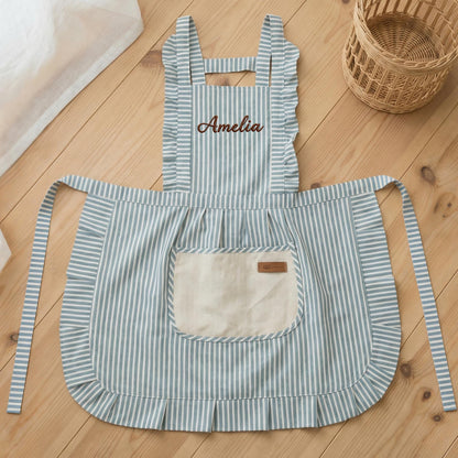Custom Striped Apron with Pockets, Embroidered Cotton Kitchen Apron for Baking and Cooking