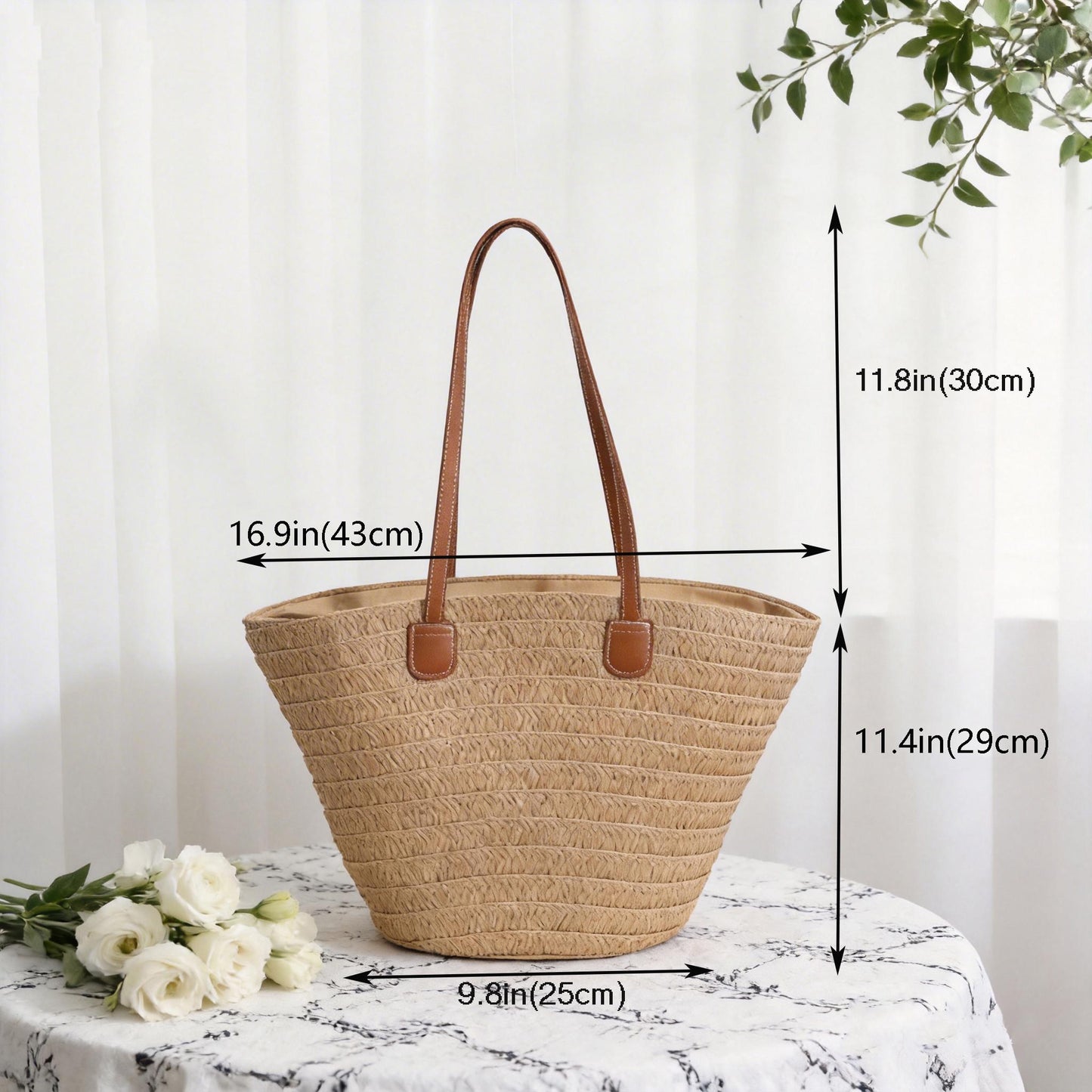 Handmade Raffia Tote Bag with PU Leather Handles, Large Summer Straw Handbag for Women, Woven Beach Purse
